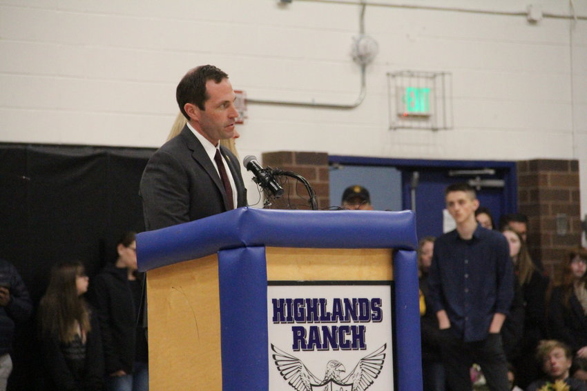 U.S. Rep. Jason Crow, a Democrat whose congressional district includes Highlands Ranch, speaks at a May 8 vigil at Highlands Ranch High School for STEM School shooting victims and survivors.